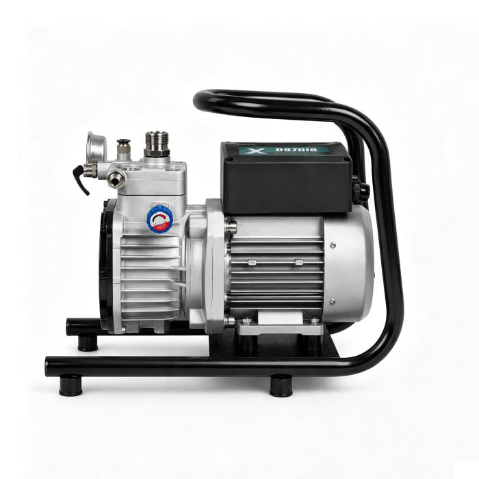Electric air compressor with gauge and black frame handle on a base stand, silver metallic body.