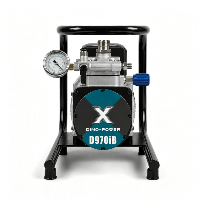 Dino-Power D970iB high-pressure air pump mounted on a metal frame with a left-side pressure gauge and a blue adjustment knob.