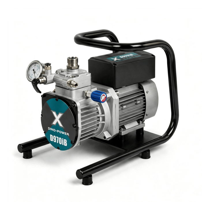 Portble air compressor pump with gauge on an aluminum body, mounted on a black frame.