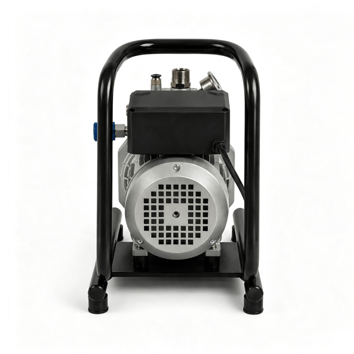 Front view of a portable engine-driven pump mounted in a black tubular frame with a round vented motor at center.
