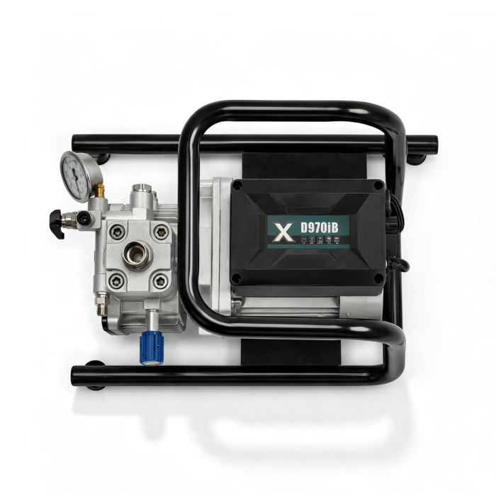 Portable high-pressure pump with a gauge, blue knob, and black frame against a white background.