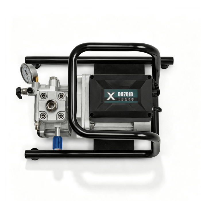 Portable air compressor/pump with pressure gauge and blue adjustment knob, encased in a black tubular frame.