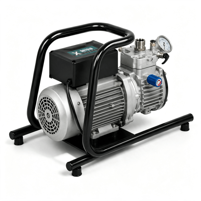 Portable electric air compressor with a black metal frame and handle, silver motor, and gauge on top for inflating tires and tools.