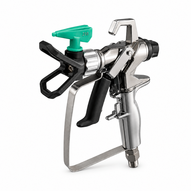 Professional paint spray gun with a green adjustment knob and ergonomic trigger, used for applying coatings.
