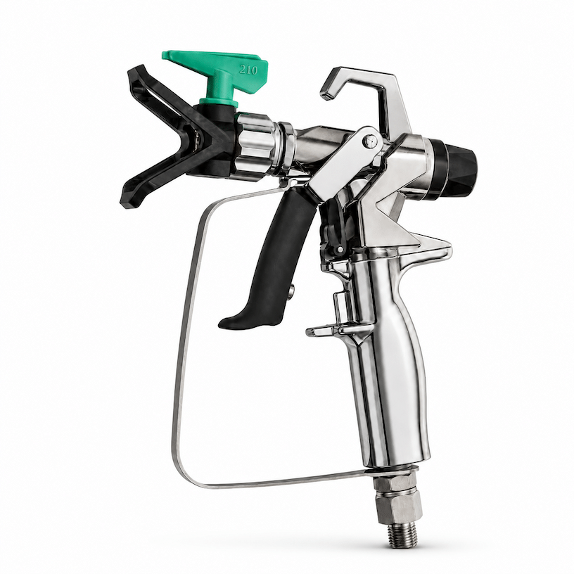 Chrome paint spray gun with black trigger and green nozzle against a white background.