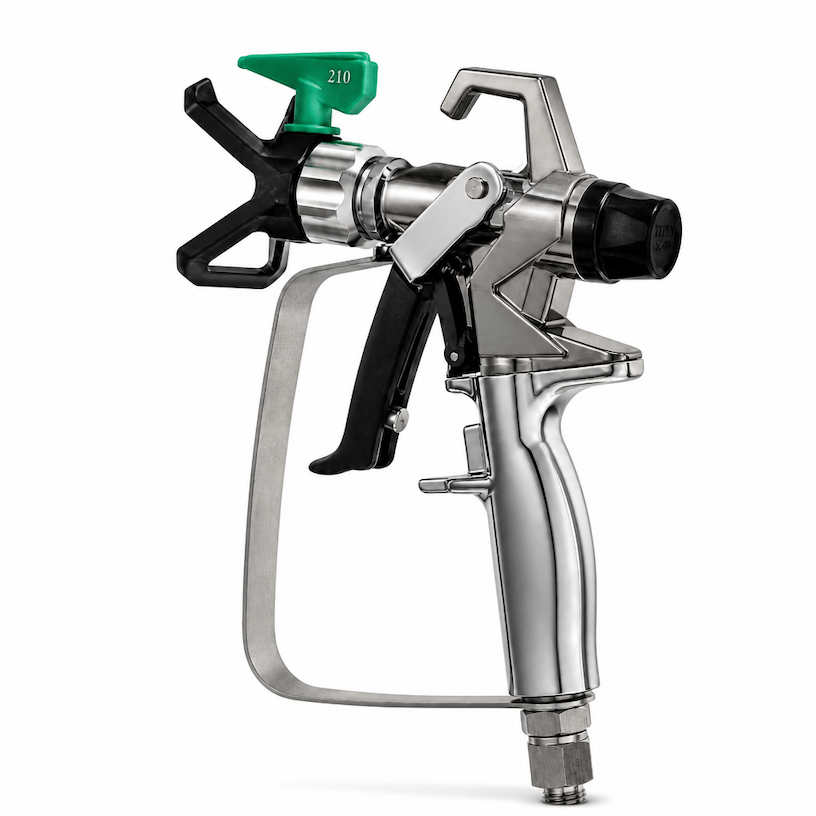 Metal paint spray gun with a green adjustment knob, used for applying paint.