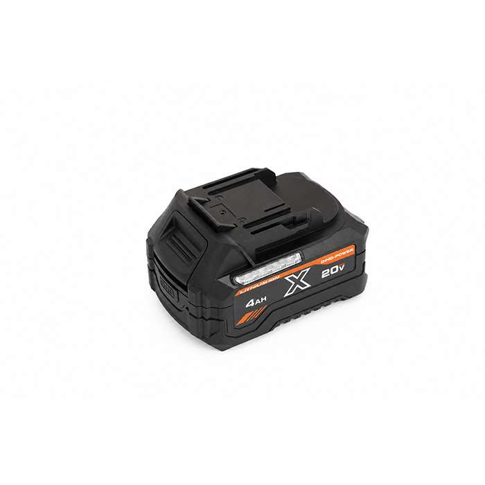 Cordless power tool battery, 20V, 4Ah, black with orange accents and white label