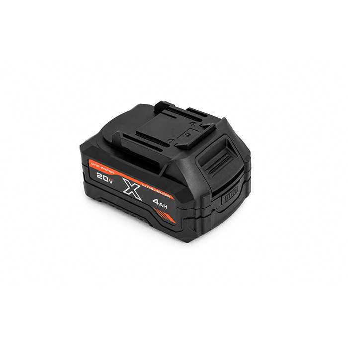 Black 20V 4Ah lithium‑ion battery pack for cordless power tools with orange accents.