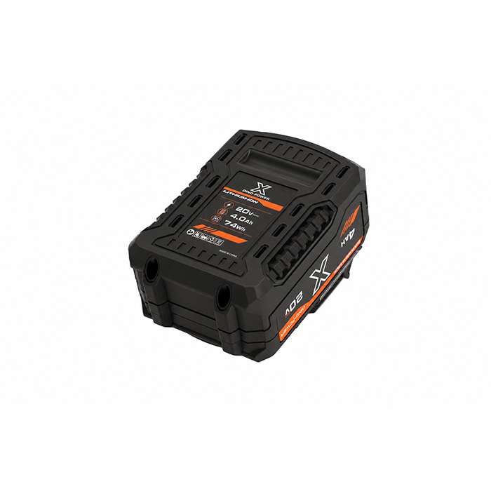 Black rugged power-tool battery pack with orange accents and a label showing 4.0Ah.