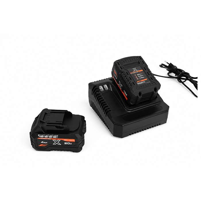 Cordless tool battery charger with two 20V batteries: one in the charger, one separate on the side.