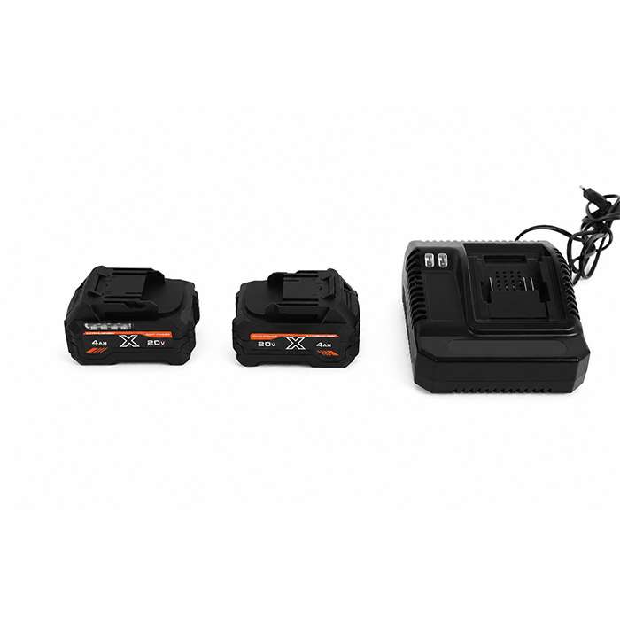 Two 20V 4Ah rechargeable batteries and a compatible charger on a white background (cordless tool power system).
