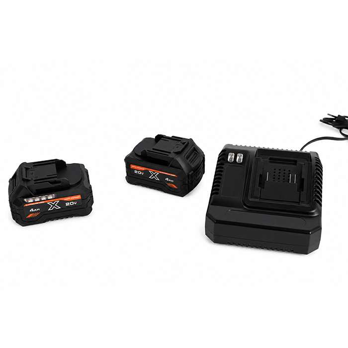 Two 20V lithium‑ion batteries (4Ah) and a battery charger on a white background.