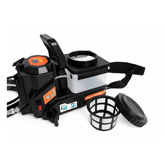 Portable pump sprayer with a transparent fluid reservoir and black handle, labeled Dino-Power X2; includes a filter cup and strap for carrying.