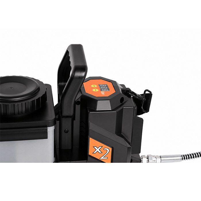 Close-up of a black portable inflator with an orange digital control panel and a connected hose, handheld with a sturdy grip.