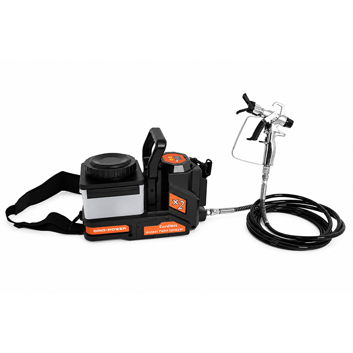 Cordless airless paint sprayer with a black-and-orange body, a spray gun on a coiled hose, and a shoulder strap.