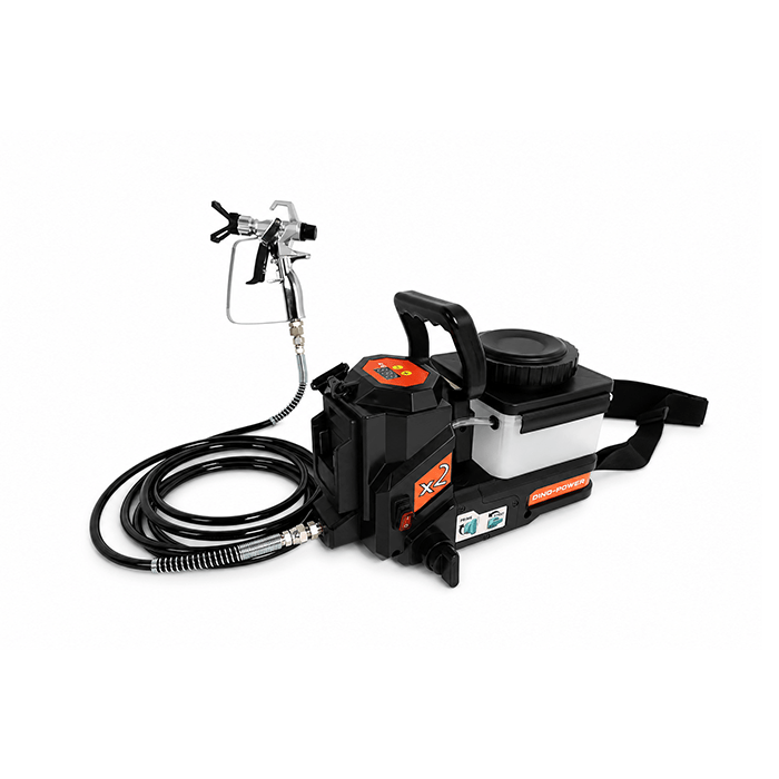 Portable power paint sprayer with a long hose and spray gun, black/orange unit, and a white reservoir for coating applications