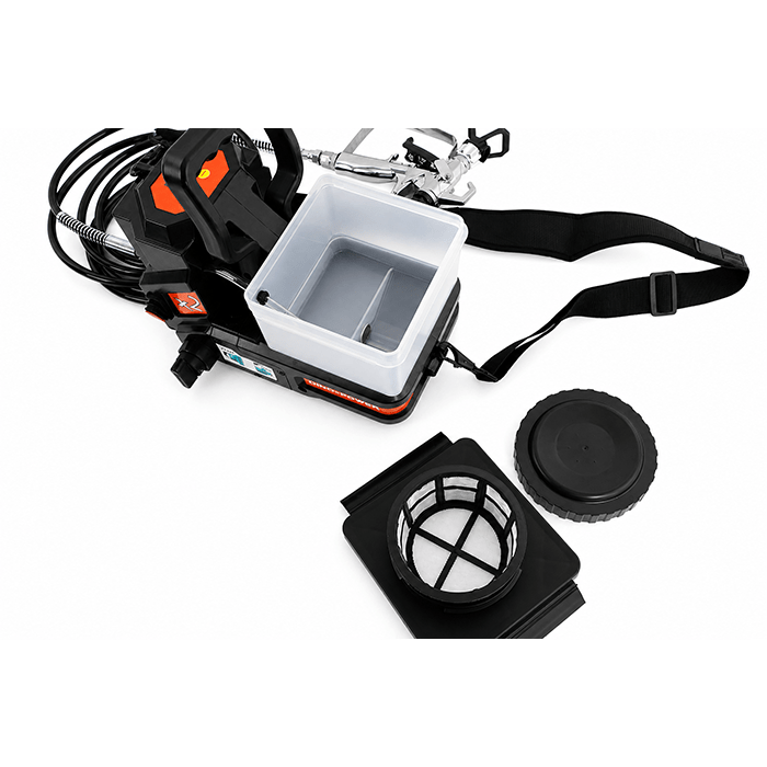 Backpack sprayer with an empty plastic container and detached filter cap on white background, hoses visible behind it.