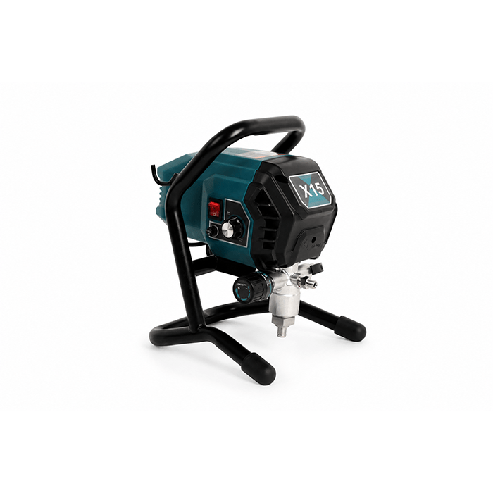 Portable engine-powered sprayer on a black metal frame with teal body and front nozzle, labeled X15.