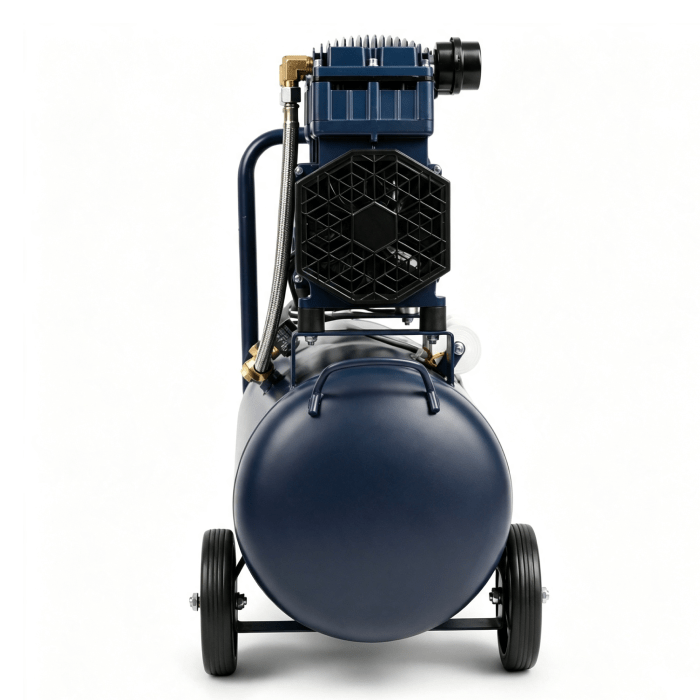 Front view of a blue portable air compressor on a two‑wheeled cart, showing the motor unit atop a large cylindrical tank.