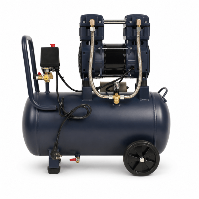 Portable blue air compressor on wheels with a cylindrical tank, dual-motor pump, hoses, and valves for pneumatic tools.