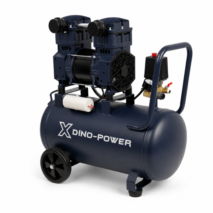 Portable air compressor with twin pump units on a dark blue horizontal tank, wheels and handle, logo reads 'X-Dino-POWER'.