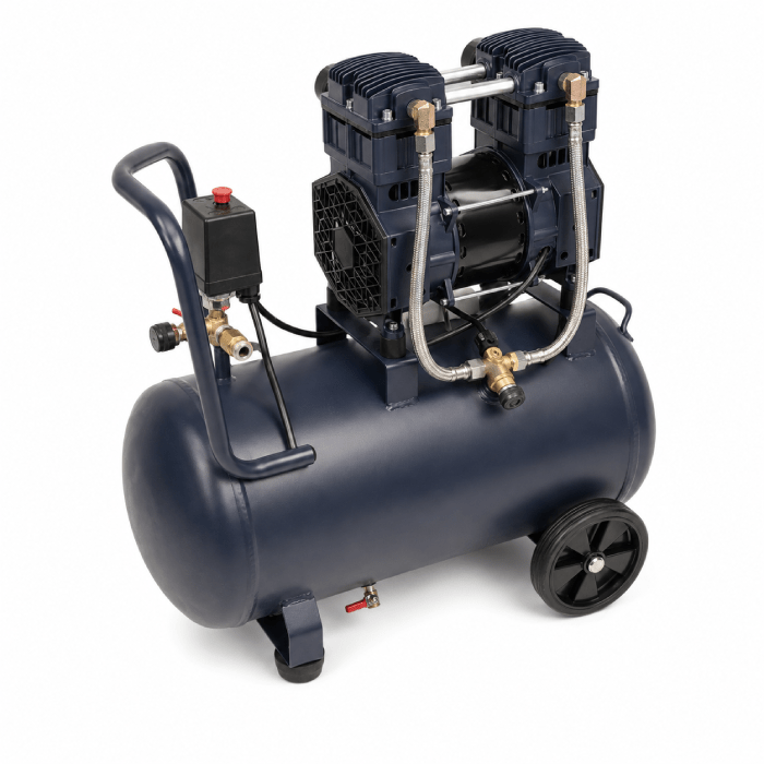 Portable air compressor with a large horizontal blue tank, two-cylinder pump on top, and wheels for mobility.