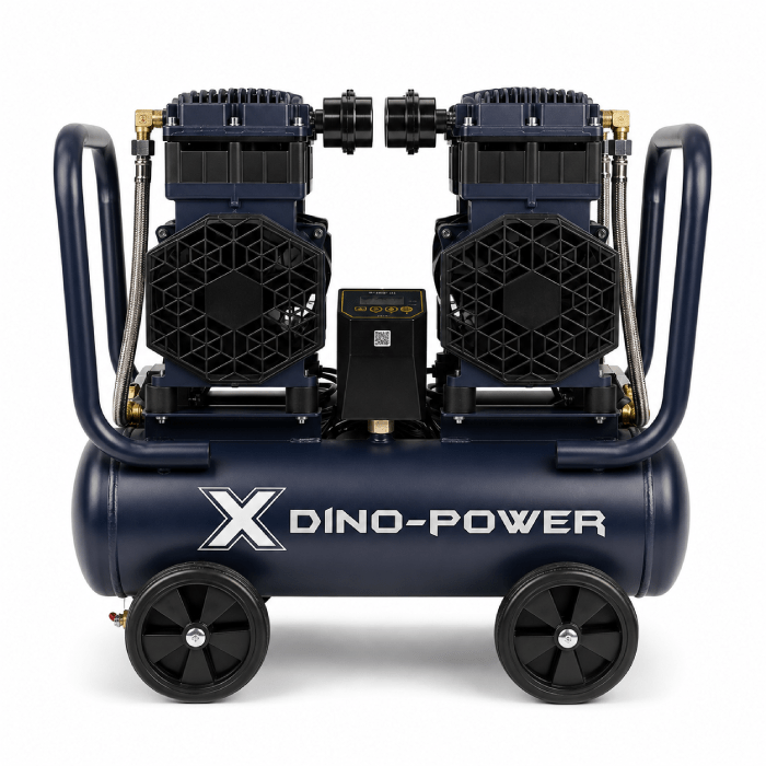 Dual-pump portable air compressor on a blue tank labeled 'X Dino-Power' with handles and wheels.