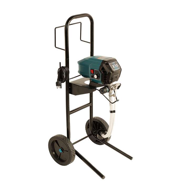 Portable gas-powered engine on a wheeled cart with a coiled cord and attached hose.