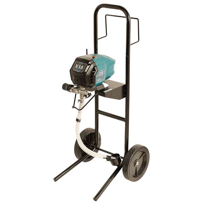 Gas-powered pressure washer on a wheeled frame with a teal engine and handlebars, ready for transport