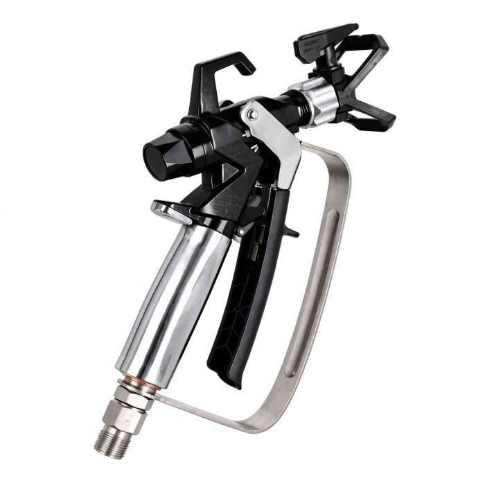 Professional paint spray gun with metal barrel, black trigger, and nozzle in side profile.