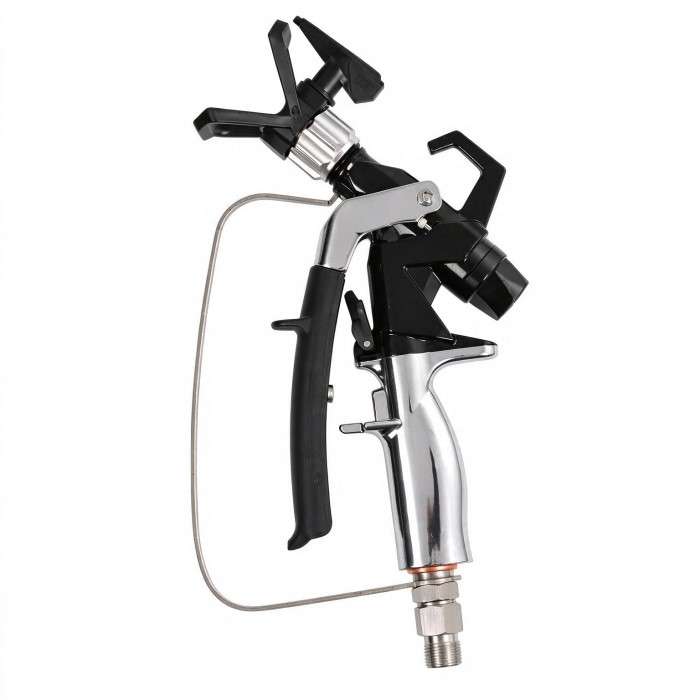 Industrial paint spray gun with trigger and chrome body, connected to a hose for painting surfaces.