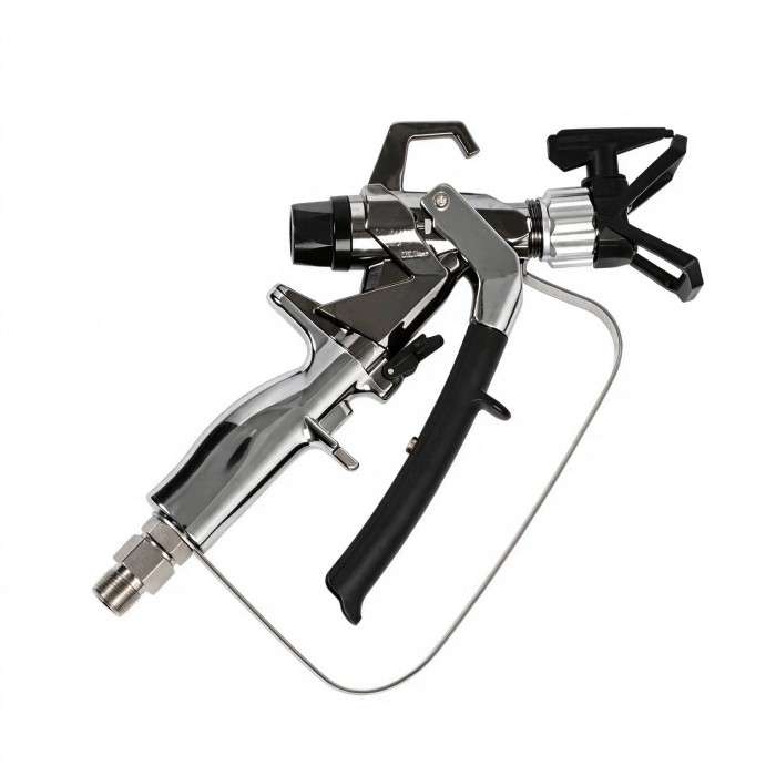 Metal paint spray gun with black handle and trigger, connected hose, nozzle at front, used for spraying coatings/tools accessory