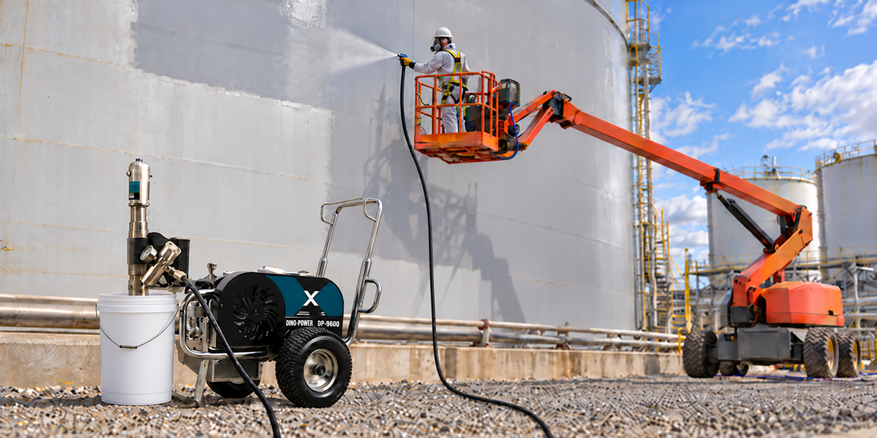 工人高空喷涂作业 Worker in hard hat and safety vest using a high-pressure hose to clean large grey storage tanks from an elevated orange lift, industrial site.