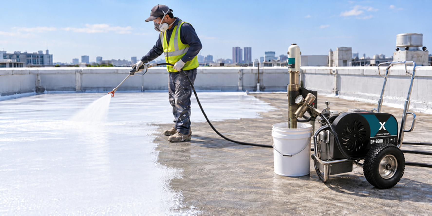 黑色高压喷漆软管变细 Construction worker in a yellow safety vest power-washing a flat rooftop with a hose and machine nearby.